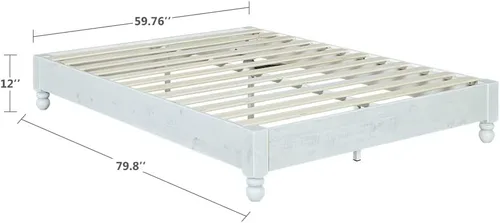 Miniatura 2 de MUSEHOMEINC Base de cama de plataforma de madera maciza, estilo rústico, base de colchón (no necesita somier), acabado blanco lavado, tamaño Queen