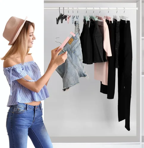 Miniatura 5 de Paquete de 10 perchas para faldas, perchas para pantalones con clips, ganchos giratorios de 360 ° que ahorran espacio para pantalones, faldas, ropa