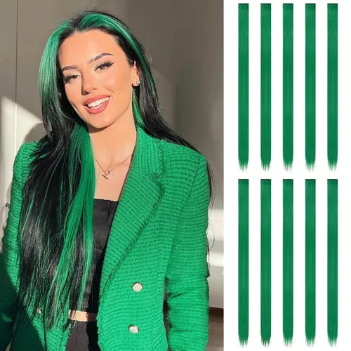 Miniatura 53 de FESHFEN Extensiones de cabello con clip de colores, 16 piezas de 8 colores resaltados, piezas de cabello sintético lacio con clip para mujer, 22