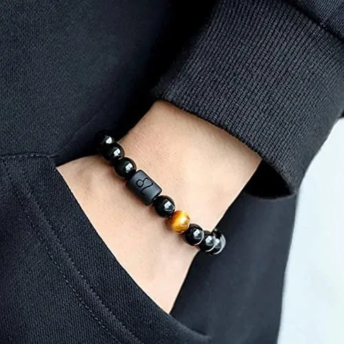 Miniatura 4 de LAKIYOYO Pulsera ajustable del zodiaco para hombres y mujeres, pulsera ajustable de piedra de ónix negro natural de 0.315 in y 0.394 in, signo
