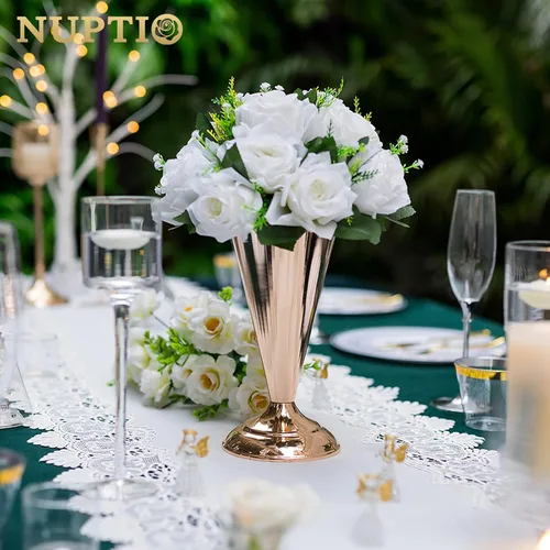 Miniatura 3 de 2 piezas de jarrón de metal para mesa de boda con flores en forma de trompeta, centro de mesa decorativo de 9.8 pulgadas, arreglos de flores
