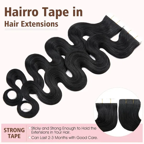Miniatura 4 de Hairro Extensiones de cabello humano adhesivas de 22 pulgadas de largo, ondulado, #1 negro azabache #1, 1.76 onzas, pegamento de trama de piel fina
