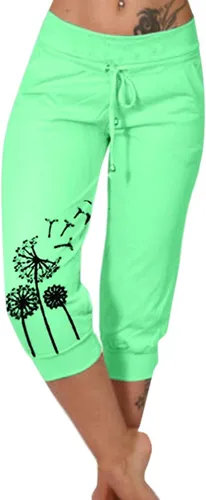 Miniatura 25 de Pantalones capri para mujer, estampado de diente de león, pantalones capri con cordón de cintura alta, elásticos, pantalones cortos de verano