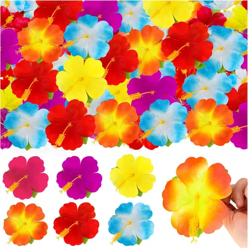 120 flores artificiales de hibisco, 6 colores tropicales hawaianos falsos Luau flores de hibisco falsas para decoración de manualidades, suministros