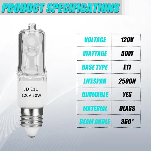 Miniatura 3 de JDE11 - Bombilla E11 de 120 V, 50 W, E11, mini base de candelabro T4 E11, bombilla halógena regulable blanca cálida de 2700 K para ventilador