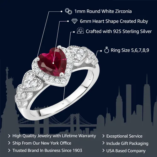 Miniatura 2 de Gem Stone King Anillo de compromiso de plata de ley 925 con rubí rojo creado para mujer