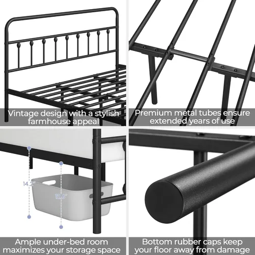 Miniatura 5 de YAHETECH - Marco de cama clásico de metal con estructura de hierro y estilo victoriano, cabecero y pie, espacio debajo de la cama, no necesita base