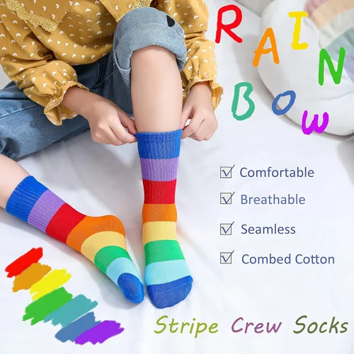 Miniatura 2 de Calcetines de algodón sin costuras para niñas, calcetines casuales para la escuela, con rayas arco iris, paquete de 5