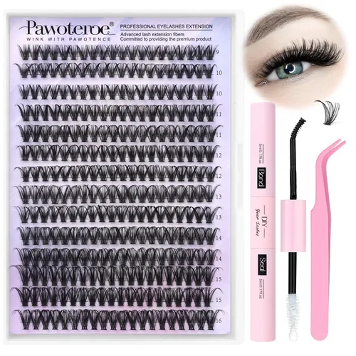 Miniatura 32 de Extensiones de pestañas Pawotence, racimos de 280 piezas, pestañas individuales en racimo, extensiones de pestañas 50D, mezcla de 9-16 mm, racimos