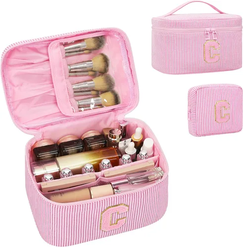 Miniatura 102 de Juego de bolsas de maquillaje con iniciales para niñas y mujeres, bolsa de cosméticos con monograma con soporte para cepillos, estuche de maquillaje