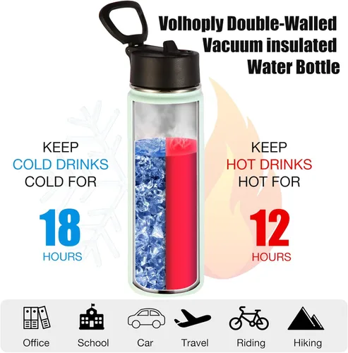 Miniatura 3 de Volhoply Botellas de agua aisladas de 22 onzas con tapa con popote, botella deportiva de acero inoxidable con asa, tazas de agua de metal al vacío