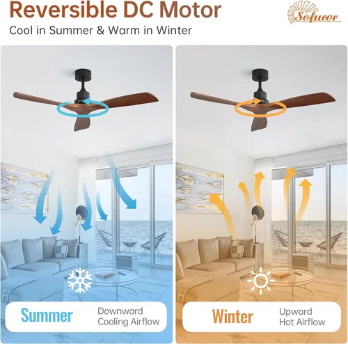 Miniatura 6 de Sofucor - Ventilador de techo de 52 pulgadas sin luces, moderno, de madera maciza, con control remoto, 5000 CFM de alto flujo de aire, motor CC