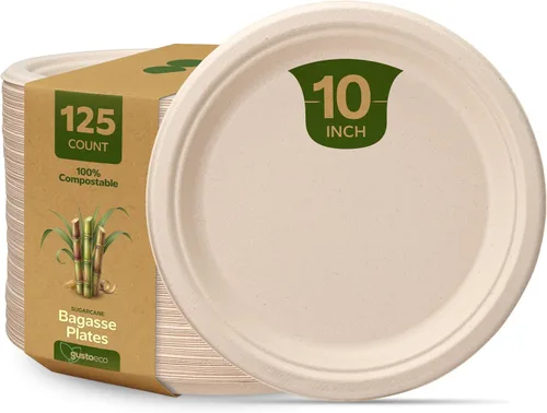 Miniatura 12 de GUSTO Platos de papel Kraft 100% compostables de 9 pulgadas [125 unidades] Vajilla desechable ecológica y resistente, platos llanos de bagazo