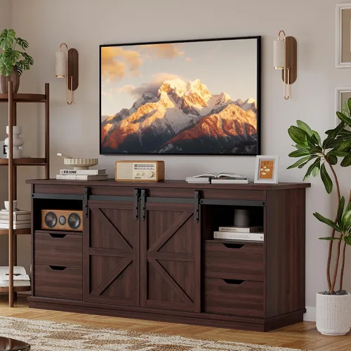 Miniatura 10 de YESHOMY Soporte de TV para televisores de hasta 65 pulgadas, con puertas correderas de granero y 4 cajones de almacenamiento, mesa consola y muebles