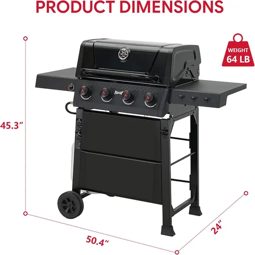 Miniatura 2 de Feasto Parrilla de barbacoa de gas de 4 quemadores con mesas laterales, parrilla de propano para exteriores de 36,000 BTU con cuerpo de cámara