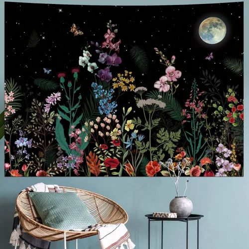 Miniatura 2 de Generleo Tapiz de plantas florales, tapices vintage, bohemio, flores, mariposas, cielo estrellado, paisaje, naturaleza, paisaje, tapiz para colgar
