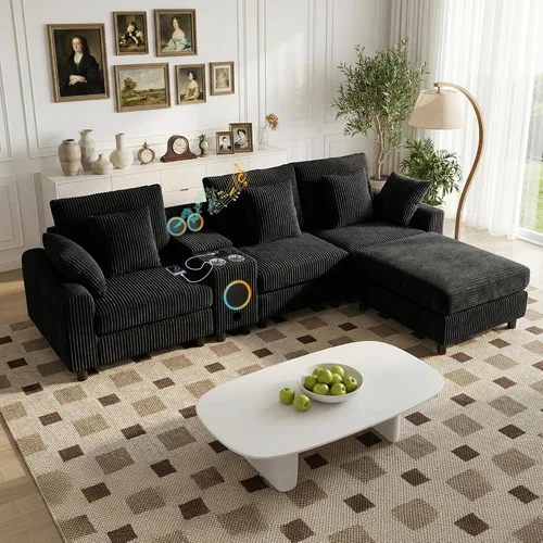 Miniatura 13 de MAKIAAP Sofá modular de pana de 83 pulgadas con altavoces, cómodo sofá biplaza de asiento profundo con otomana móvil, consola, cargador USB, Beige