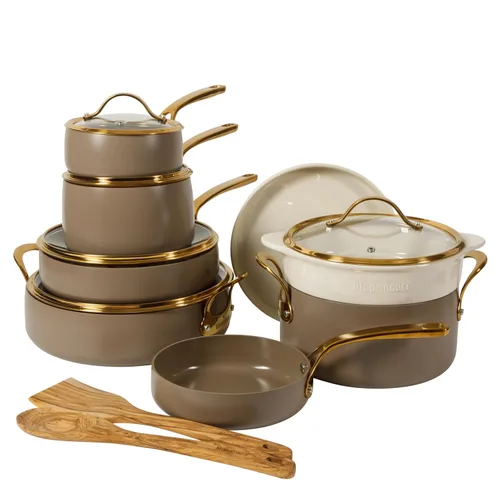 Bloomhouse - Dos veces ganador de los Favoritos de Oprah - Juego de ollas y sartenes de 15 piezas de aluminio resistente Premium, antiadherente de