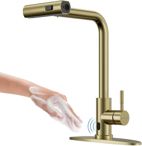 APPASO Grifo de Cocina Dorado Sin Contacto con Rociador Desplegable, Grifo de Fregadero de Cocina con Sensor de Movimiento Tipo Cascada con Mango