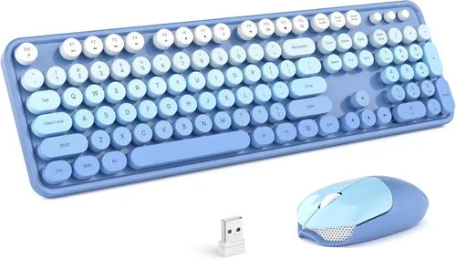 Miniatura 75 de KNOWSQT Combo de teclado y ratón inalámbrico, teclados lindos de tamaño completo estilo máquina de escribir 2.4G azul colorido - receptor USB Plug