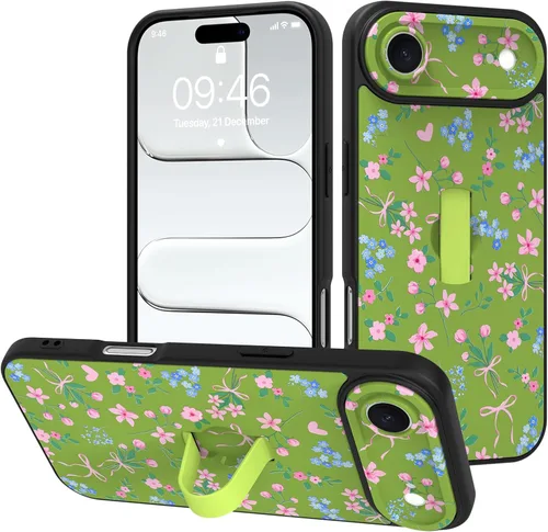 Miniatura 129 de Funda diseñada para iPhone 17 Pro Max con soporte plegable y correa para dedos, bonito patrón de lazo de corazón de flor rosa para mujeres y niñas