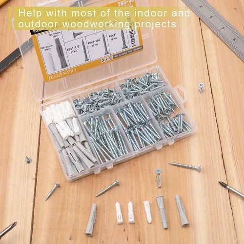 Miniatura 2 de JEGONFRI Kit surtido de tornillos de madera de alta dureza y anclajes de pared de plástico, 203 tornillos de cabeza plana Phillips de 1/2 a 1-1/2