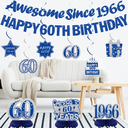 Miniatura 8 de Crenics Decoraciones azules de 60 cumpleaños para hombres o mujeres – Cartel de feliz cumpleaños 60, pancarta impresionante desde 1966, centros