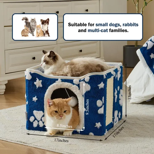 Miniatura 4 de Casas para gatos de interior, bonita cueva para gatos con bola esponjosa para colgar y almohadilla para rascar, escondite plegable para gatitos, 17
