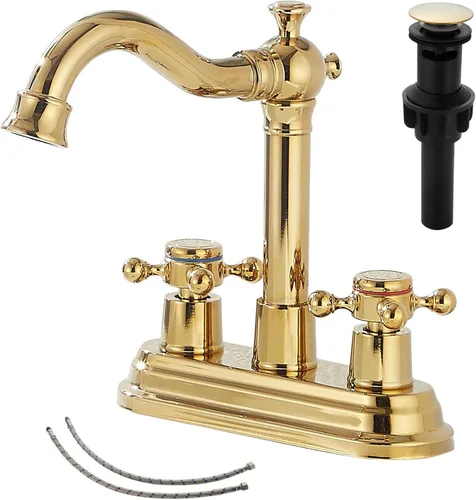 Miniatura 15 de Grifo de baño negro mate con 2 asas de 4 pulgadas, juego central de tocador de baño negro con montaje de drenaje y manguera de suministro grifo
