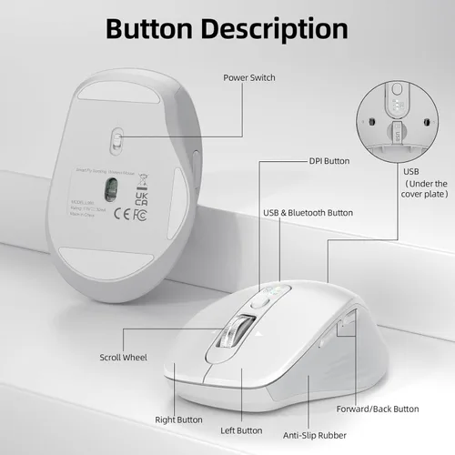 Miniatura 8 de INFINMIND Ratón Bluetooth inalámbrico, multidispositivo (BT1/BT2 + USB de 2.4 G) para laptop, iPad y Mac, desplazamiento de 4 vías con botones Blanco