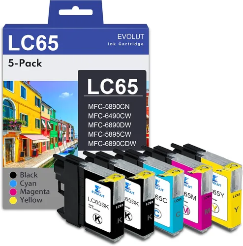 Cartuchos de tinta LC65 de alto rendimiento (paquete de 5, 2 negros, 1 cian, 1 magenta, 1 amarillo) - Cartuchos de tinta compatibles con Eout LC65XL