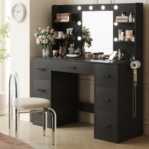 YESHOMY Escritorio de tocador con espejo, toma de corriente y 10 luces, mesa de maquillaje con 7 cajones, 3 modos de color disponibles para