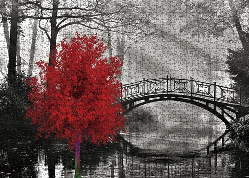 Scarlet Solitude - Rompecabezas clásicos para adultos de 1000 piezas, rompecabezas de puente blanco y negro y árbol rojo, rompecabezas de arte de