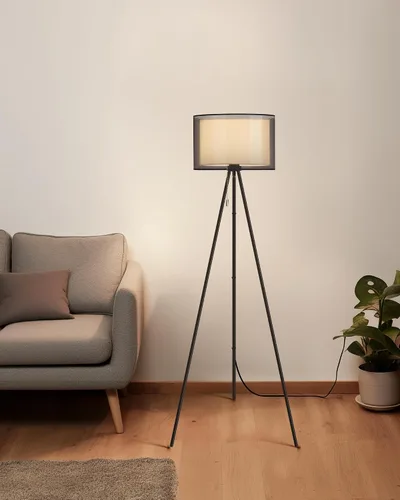 Miniatura 8 de KDG Lámpara de pie moderna, lámpara de trípode alta para sala de estar, dormitorio, oficina; pantalla de tela, bombilla LED, luz cálida (negro)