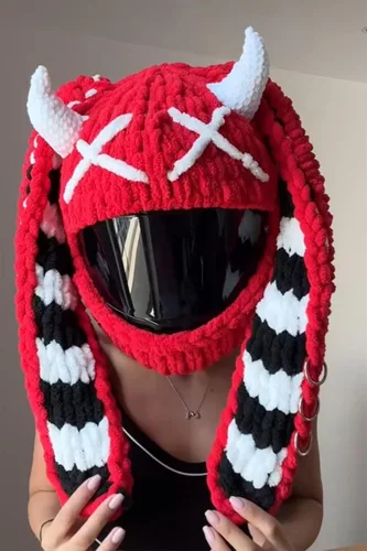 Miniatura 6 de Lindas fundas para casco de motocicleta con orejas de gato/conejo, cubierta de decoración de casco de cara completa divertida de felpa, gorro