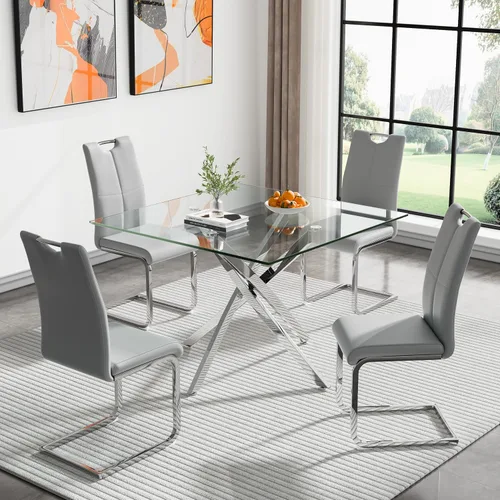 Miniatura 51 de Juego de mesa de comedor redonda de 3 piezas para 2, mesa de cocina moderna de vidrio plateado y sillas para 2 con sillas tapizadas, juego de mesa