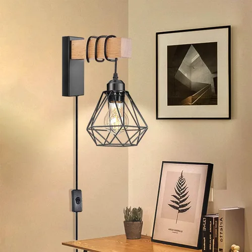 Miniatura 7 de Juego de 2 apliques de pared enchufables, luces de pared de granja con cable de enchufe, lámpara de pared rústica negra para dormitorio, mesita