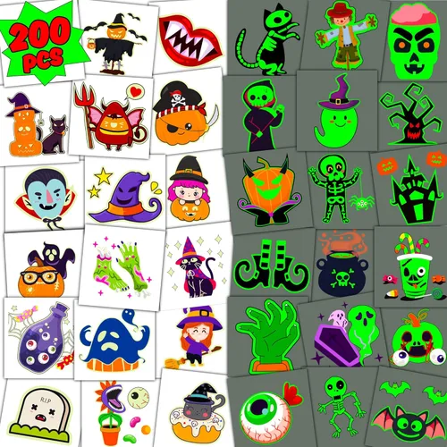 U-Goforst 200 tatuajes de Halloween, recuerdos de fiesta de Halloween que brillan en la oscuridad, tatuajes temporales de Halloween, golosinas de