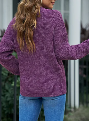 Miniatura 6 de EVALESS Suéteres para mujer, suéter de manga larga con cremallera de un cuarto, cuello en V, suéter tipo polo para mujer