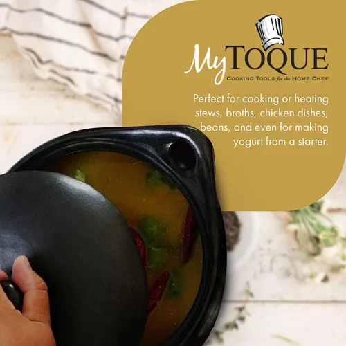 Miniatura 7 de Auténtica olla de sopa y frijoles Chamba con tapa, elegante horno holandés de arcilla negra totalmente natural para cocinar lenta y uniformemente