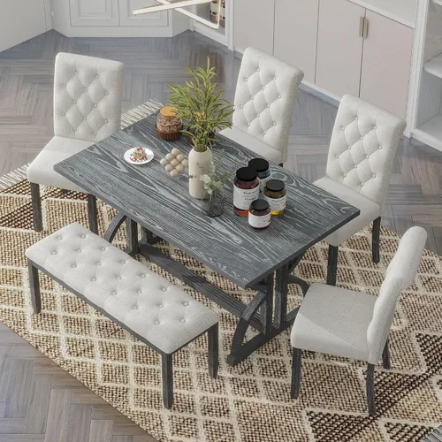 Miniatura 23 de Juego de mesa de comedor de 6 piezas estilo granja, mesa rectangular con soporte y 4 sillas tapizadas y banco, juego de muebles de cocina