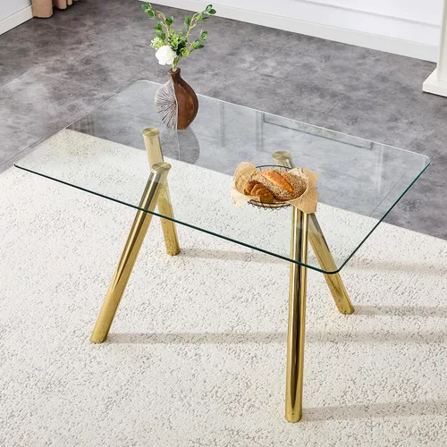 Miniatura 6 de Mesa de comedor de cristal de 51 pulgadas, mesa de comedor para 4-6, mesa de cocina dorada con patas de metal superior de vidrio templado