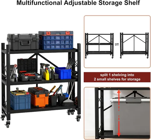 Miniatura 4 de Grezone Estantes plegables de 3 niveles de almacenamiento de metal resistente con ruedas – No se ensambla unidad de estantería plegable para cocina