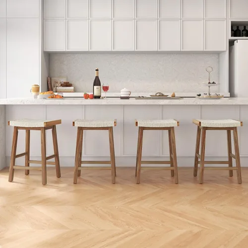 Miniatura 8 de COSTWAY Juego de 2 taburetes de comedor de 25.5 pulgadas de altura de mostrador con asiento tejido de algas marinas, madera de goma, marco de madera