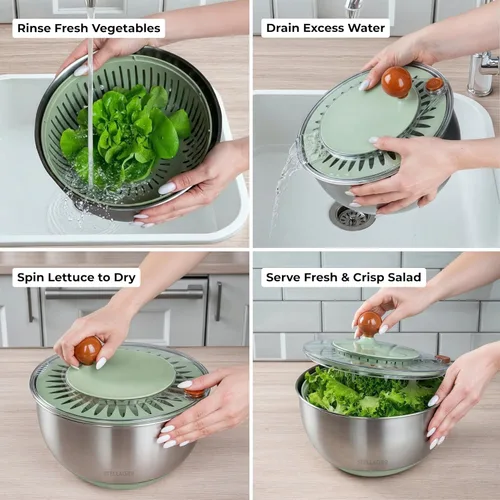 Miniatura 6 de Ensaladera grande de acero inoxidable giratorio de 5.3 cuartos de galón, secadora de lechuga, lavadora de verduras con botón de freno, base