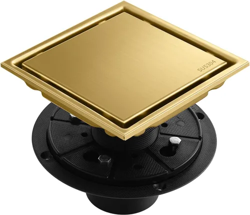 Miniatura 13 de Desagüe de suelo de ducha cuadrado cepillado oculto, dorado de 4 pulgadas, acero inoxidable 304, con brida, cubierta desmontable incrustada en Oro