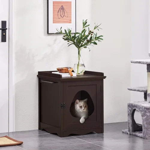Miniatura 2 de Yaheetech Caja de arena para gatos, muebles ocultos con barra de toalla lateral, baño de madera para gatos, gabinete de almacenamiento, casa Espresso