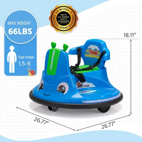 Miniatura 3 de TOBBI Caracol Auto Chocador para Bebé, Juguete Eléctrico de 12V para Niños con Control Remoto/Calcomanías Divertidas DIY para Niños/Giro de 360 Azul