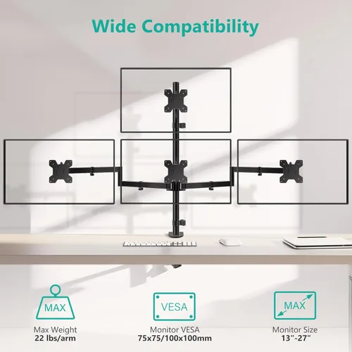 Miniatura 2 de WALI Soporte para monitor cuádruple para pantallas de 13 a 27 pulgadas, soporte de 4 monitores totalmente ajustable con kit de base giratoria