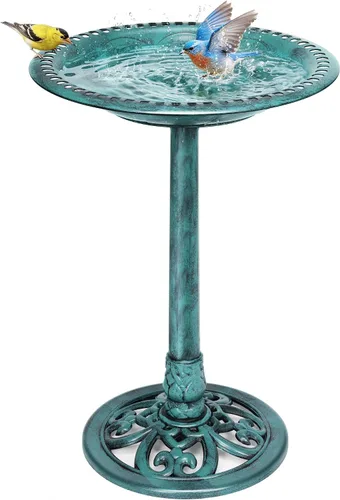 Miniatura 11 de VIVOHOME baño para pájaros, de polirresina, de 28 pulgadas de alto, antiguo, para exteriores, para el jardín, con base con flores, azul